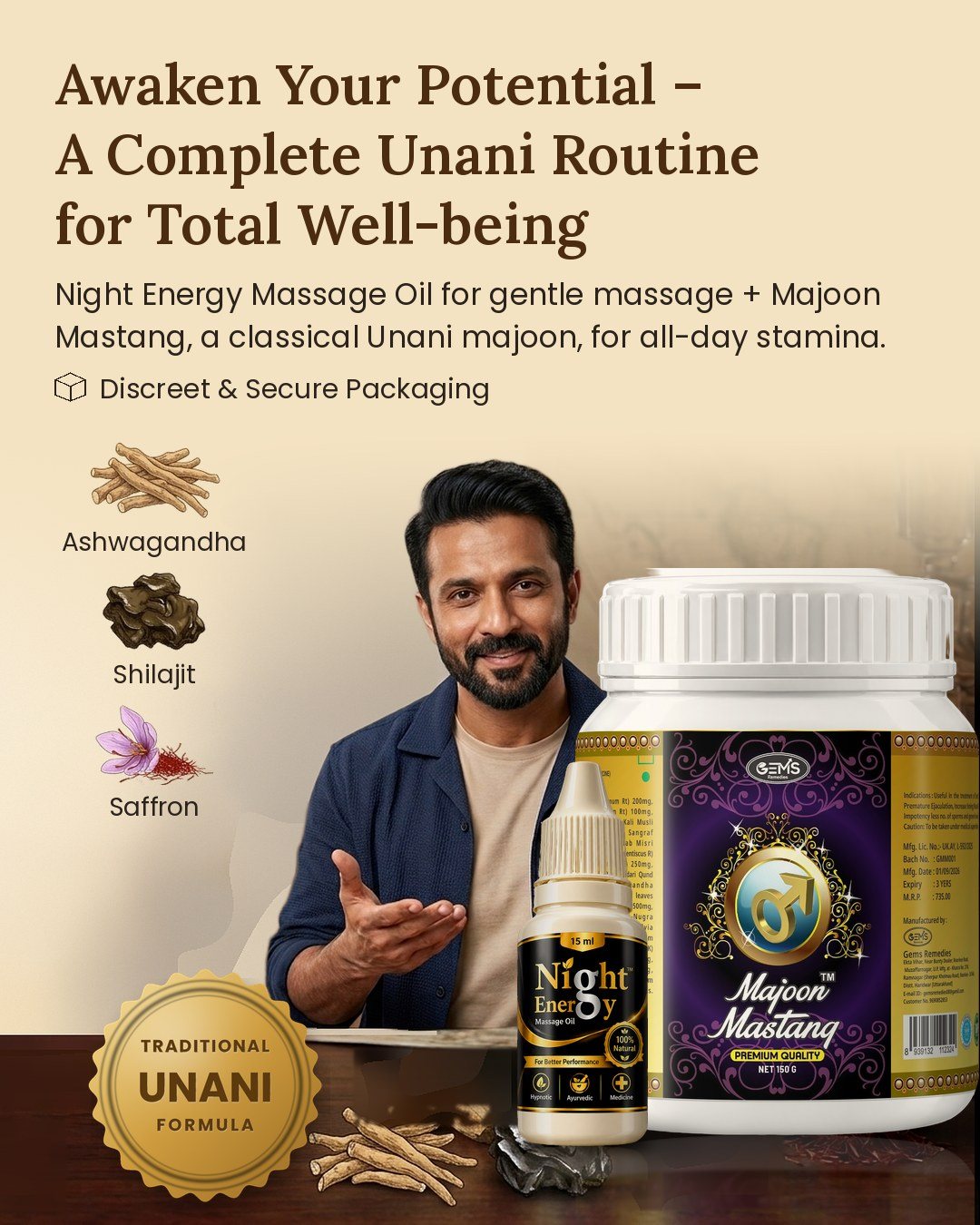 Awaken your potential – a complete Unani routine with Majoon Mastang and Night Energy Massage Oil by Gems Remedies